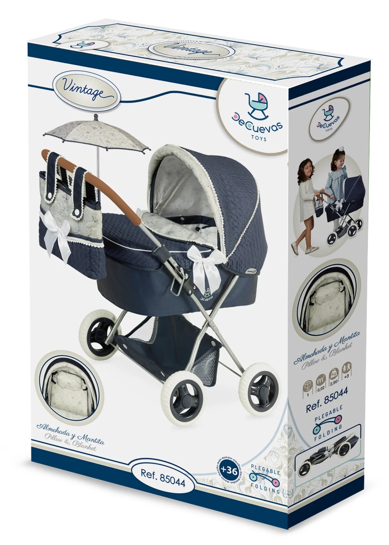 Luxury Folding Doll Pram with Parasol – Classic Navy by DeCuevas
