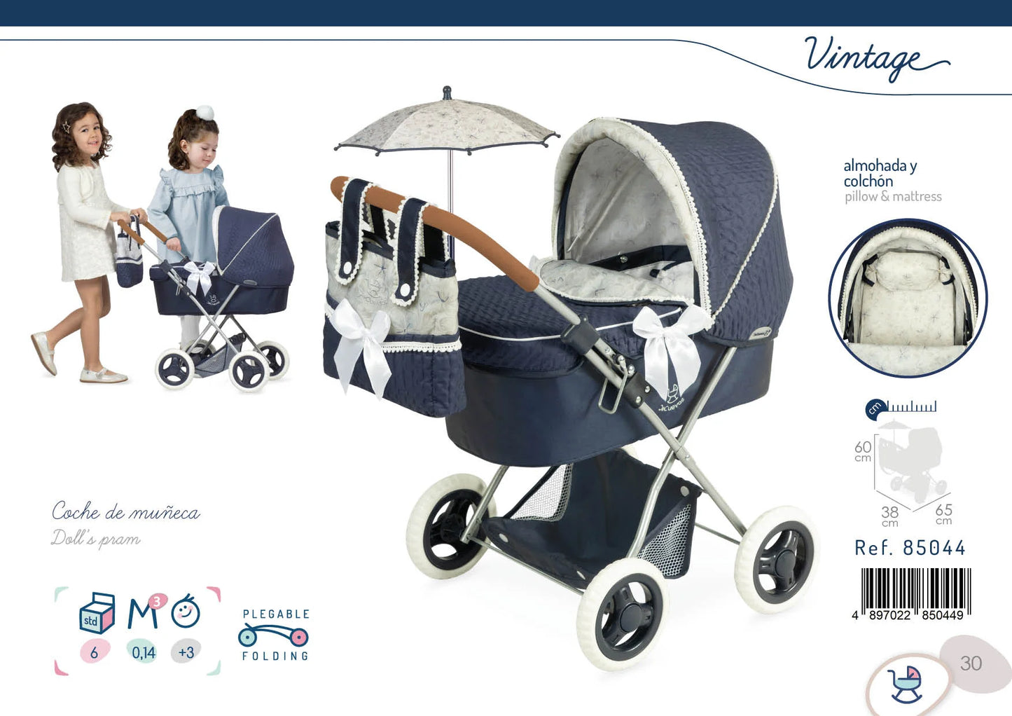 Luxury Folding Doll Pram with Parasol – Classic Navy by DeCuevas