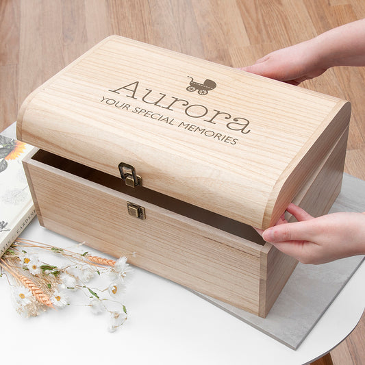 Personalised New Baby Keepsake Wooden Chest – Pram Design (2 Sizes)
