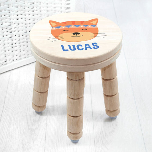 Personalised Wooden Kids Stool – Cute Cat Design