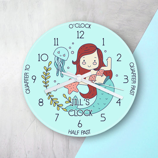 Personalised Kids Mermaid Glass Wall Clock