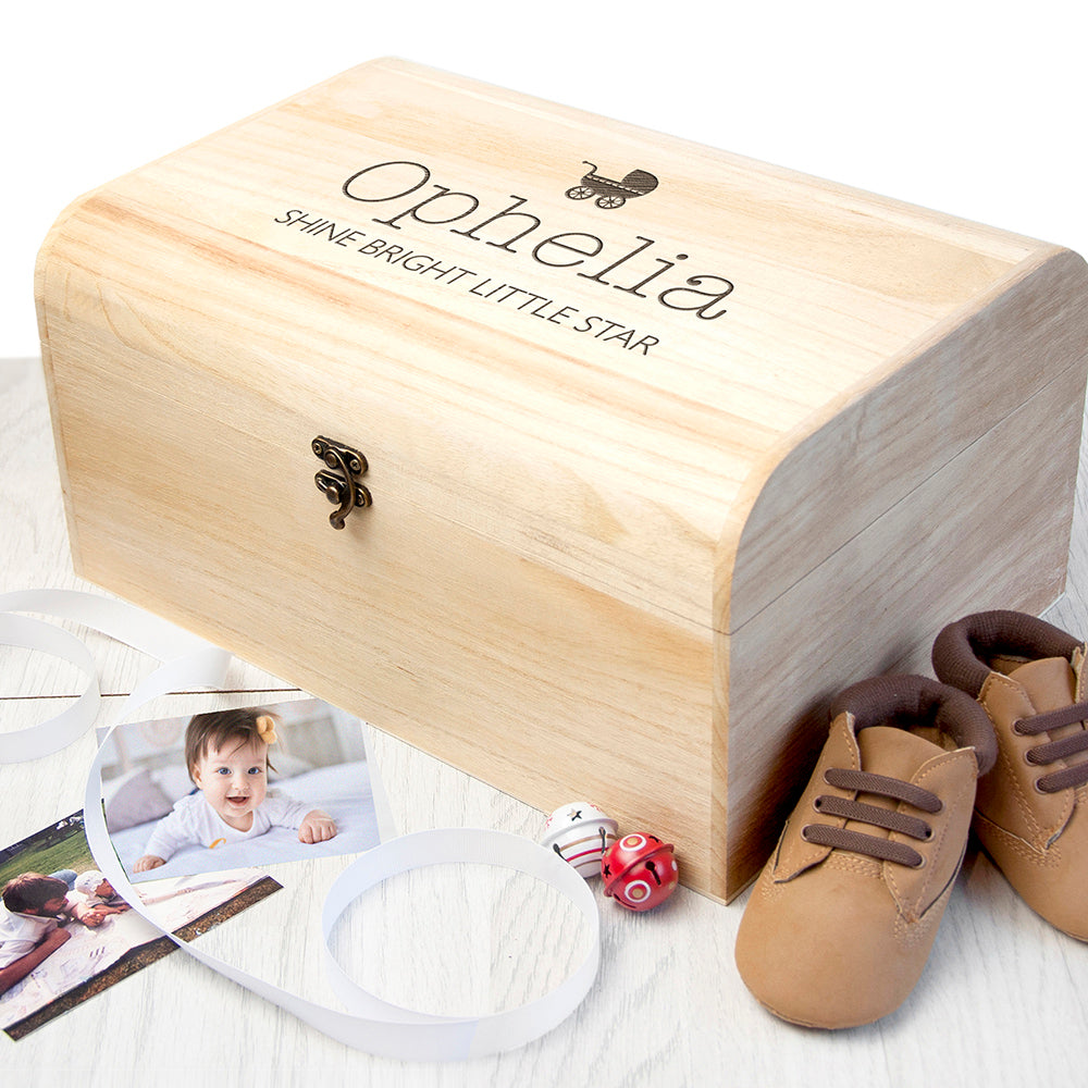 Personalised New Baby Keepsake Wooden Chest – Pram Design (2 Sizes)
